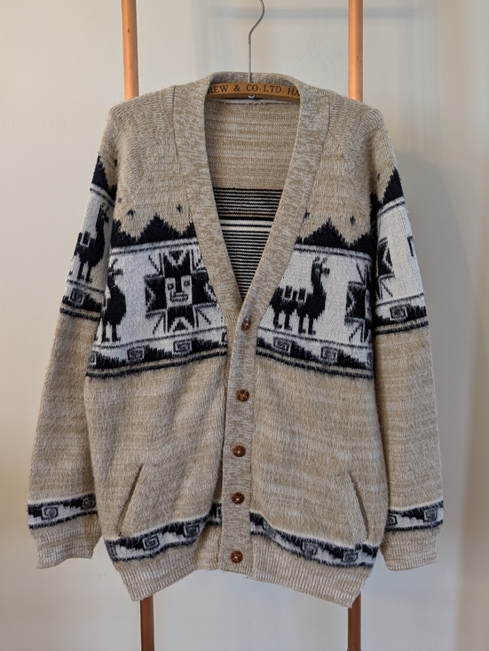 Handmade Sweaters - Unisex Handmade Peruvian Beige Patterned Button-Front Cardigan Sweater GORGEOUS